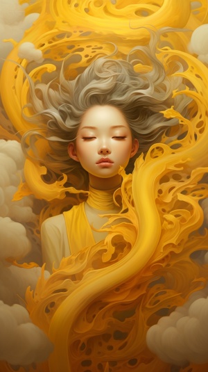a dragon in a golden yellow color hovering over the clouds, in the style of artgerm, animated gifs, chinapunk, spirited portraits, charming characters, traditional vietnamese, naoto hattori