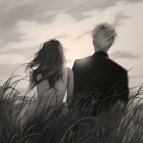 黑白铅笔画，动漫画风，一个男的一个女的，在草原上看夕阳，重点是铅笔画