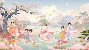 中国古代天宫与现代大地交融的空间环境中的七个仙女们身穿华丽彩袍，踏着莲花彩云降临大地，白兔围绕，仙鹤翩翩起舞，人间春气盎然，百花怒放，中国剪纸与摡念艺术的春节喜庆气氛的综合呈现