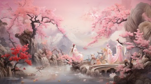 中国古代天宫与现代大地交融的空间环境中的七个仙女们身穿华丽彩袍，踏着莲花彩云降临大地，白兔围绕，仙鹤翩翩起舞，人间春气盎然，百花怒放，中国剪纸与摡念艺术的春节喜庆气氛的综合呈现