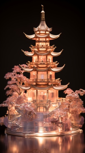 a Delicate miniature lit up asian pagoda, in the style of dreamlike cityscapes, light pink and gold, delicate fantasy worlds, layered translucency, intricate cityscapes, meticulous design ar 9:16 stylize 250 v 6