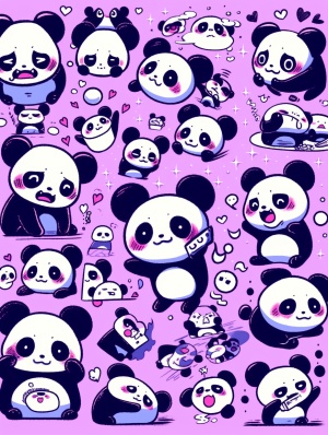 Cute Baby Panda with Various Emoticons and Haring-style Doodle