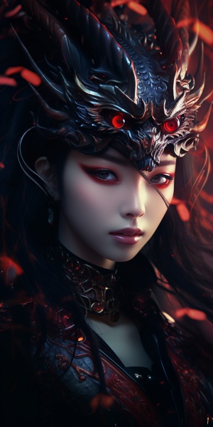 女孩动漫dragon wistful angel女孩动漫headshots女人dragon wistful angel图像，采用深色靛蓝和红色的风格，中国文化主题，无修饰的现实主义，junglecore，acidwave，仪式面具，uhd图像