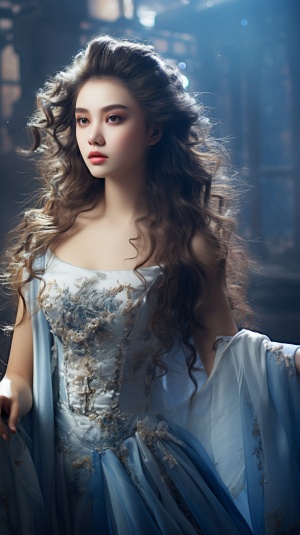 一个中国美女，精致五官，完美脸庞，蓝眼睛，长睫毛，飞舞的长发，傲人三围，无袖长裙，曲线身材，绝世美人，最高画质，大师杰作