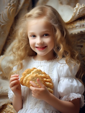 可爱小女孩手持金黄奶油饼干，微笑期待美味