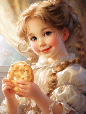 可爱小女孩手持金黄奶油饼干，微笑期待美味