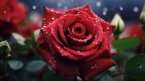Blooming Red Rose with Dew Drops: A Soft and Romantic Close-up