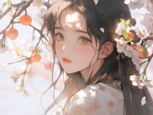 一个中国女子，现代年轻美女，桃花眼，穿着白色休闲装，桃花树下背景，在树下抬头看桃花，大视角，高清画质