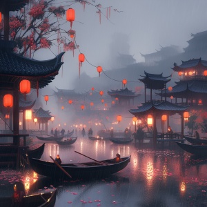Misty and Rainy Jiangnan Scenery: Flowers, Rivers, and Soft Light