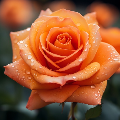 Orange, a field of blooming roses, close-up shot of a single rose with dew drops on its petals, soft and romantic atmosphere ar 1:1 v 5.1
