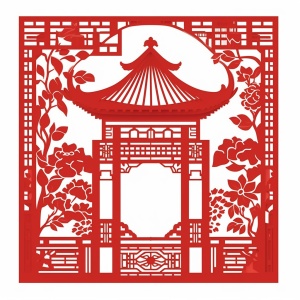 极简的，中国剪纸，经典中国窗花图案，单层，大红色，宫廷风，矢量剪影，镂空，红色，无阴影，白色背景