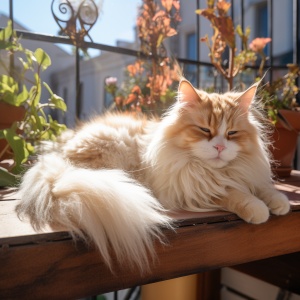 一只长毛的奶牛猫，趴在阳台上晒太阳。