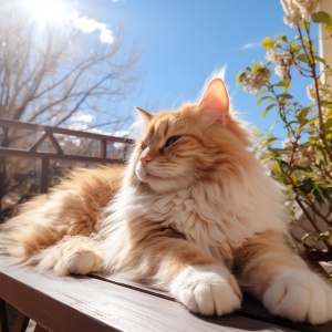 阳台上晒太阳的长毛奶牛猫