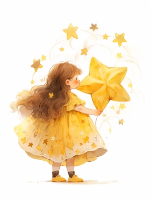 a little girl is holding a yellow star character illustration, in the style of miwa komatsu, mandy disher, the stars art group xing xing, storybook illustrations, animated gifs, commission for, oversized objects