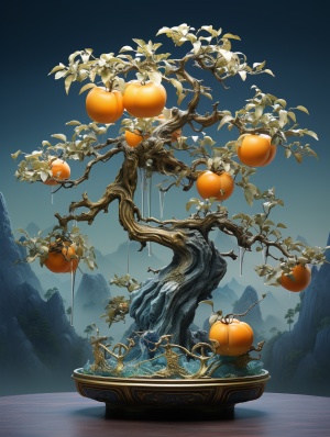 an apple on a stand and three branches,in the style of light orange and aquamarine,traditional chinese landscape, photo-realistic techniques, elaborate fruit arrangements, kerem beyit,layered