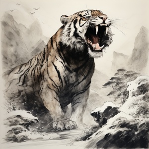 中国水墨画，一只老虎站在悬崖上朝天吼叫