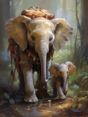大象妈妈帮小象整理背包准备游玩