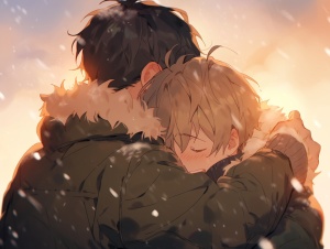 两个青年，男生，拥抱，温暖，氛围感
