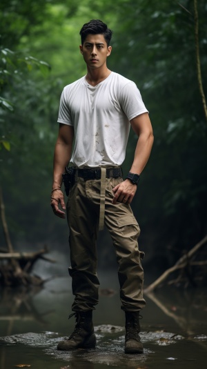 一个中国帅气的男子，完美身材，完美五官，现代，上穿白衬衣，下穿迷彩裤，军靴，背景丛林，站立，