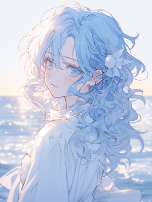 兰色头发的蓝色挑染和蓝色眼睛，与长发在大海中迎接朝阳