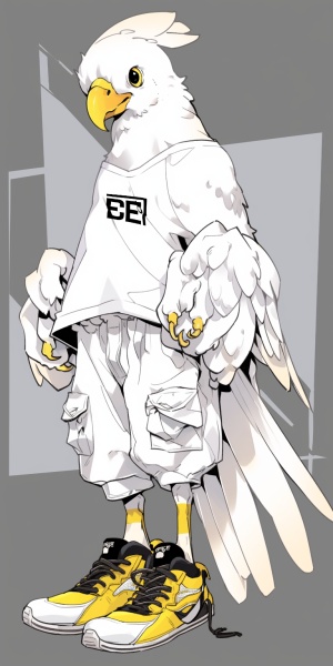 a white and yellow bird perched on top of a shirt, in the style of disfigured forms, petcore