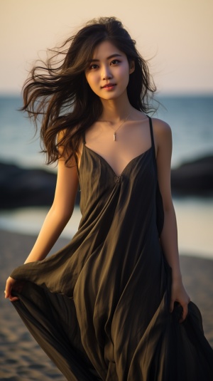 一名年轻的日本妇女站在海滩上，风扯着她的头发和衣服。她的曲线在她飘逸的连衣裙下柔和地可见，她的脸散发着自然的光芒，温暖的阳光突显了她的五官。专业摄影