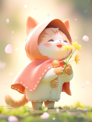 可爱的猫毛绒玩具，穿着衣服抱花，明亮白色背景，迷人童话故事