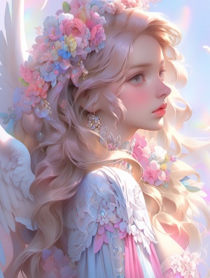 天使美丽的花发和五颜六色的衣服