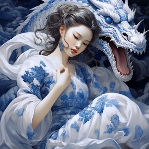 一条青白色的龙飞在人间，一个美女抱着那条龙开心的不得了，那个美女还流了几滴眼泪，龙发着青白色的光芒，美女 的，裙子是蓝色的