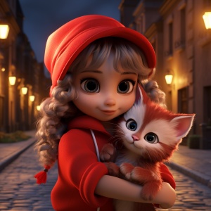 大街上有一个小女生穿着红色的连衣裙，头上戴着龙的小帽子，长得非常可爱，还抱着她的一只小猫，小猫睡在他的怀里，卡通