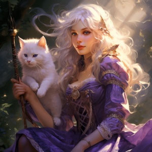 会魔法的少女，晒太阳，银白色头发，异瞳，喜爱猫，在森林里探险，身穿紫色长袍，头戴浅紫巫师帽，小猫黑色毛皮趴在少女肩上，骑士风格，手拿法杖，