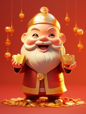 Cute Chinese God of Wealth with Gold Ingot