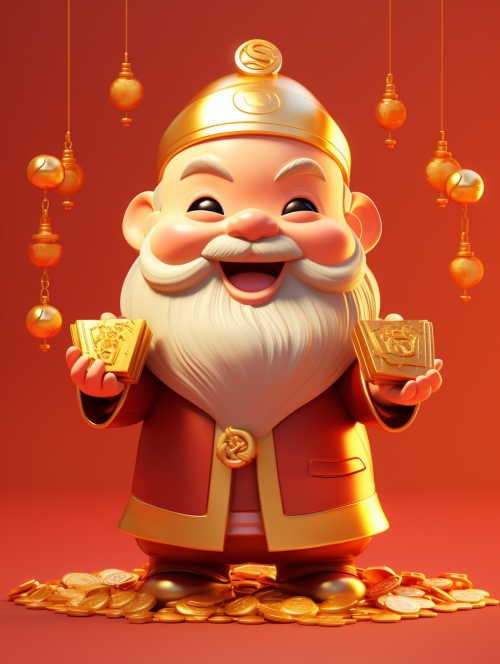 Cute Chinese God of wealth, Chinese door God, holding a large shiny gold ingot in his hand,smiling, minimalist style, simple and clean light red background, full-length portrait, movie lighting, volume light, soft and advanced colors, Pixar style, Bubble Mart, 3D, C4D, blender, chibi,dribble, Pinterest,ultra detail,ultra precision,8kar 3:4