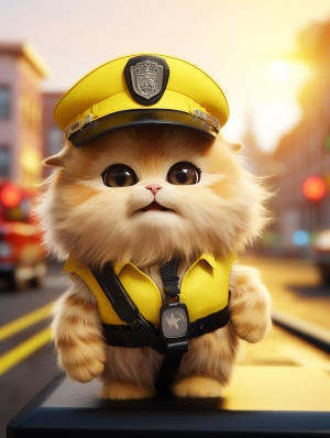 一只可爱的黄色猫猫坐着警车戴着警察帽子在巡逻，8k，超真实，阳光充足，佳作，虚幻引擎，细节充分，