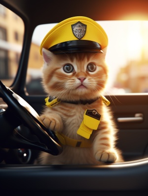 一只可爱的黄色猫猫坐着警车戴着警察帽子在巡逻，8k，超真实，阳光充足，佳作，虚幻引擎，细节充分，