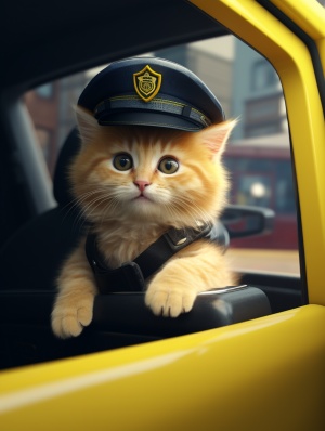 黄色猫猫在阳光下驾驶警车巡逻