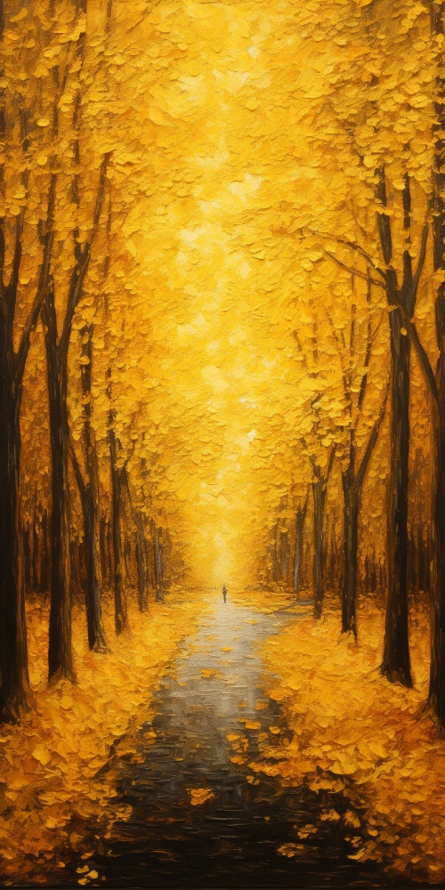 一条路，周围都是黄色枫叶树，超真实场景，油画风格，现实，