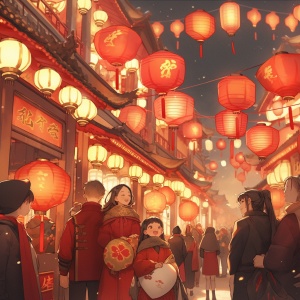 新年庙会欢乐逛，红灯笼闪烁