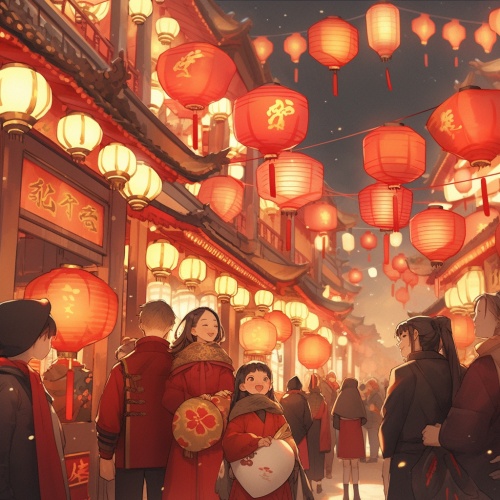 一群人新年逛庙会 ，红灯笼，开心