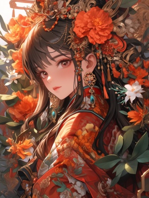 一个亚洲年轻女子的插图，穿着东方风格，在yenang cheng的风格，精致的植物描绘，kawacy，多彩的梦想，32k uhd，精心制作的服装，安详的面孔-ar 3:4