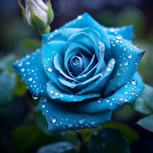 Cyan Field: Close-Up Shot of a Dewy Rose in a Romantic Atmosphere