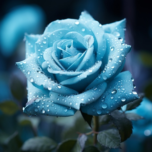 Cyan, a field of blooming roses, close-up shot of a single rose with dew drops on its petals, soft and romantic atmosphere ar 1:1 v 5.1