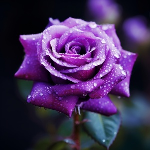Purple, a field of blooming roses, close-up shot of a single rose with dew drops on its petals, soft and romantic atmosphere ar 1:1 v 5.1