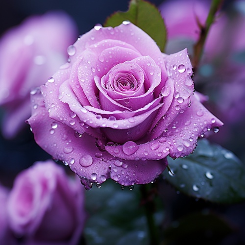 Purple, a field of blooming roses, close-up shot of a single rose with dew drops on its petals, soft and romantic atmosphere ar 1:1 v 5.1