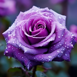 Purple Blooming Roses Close-Up with Dew Drops