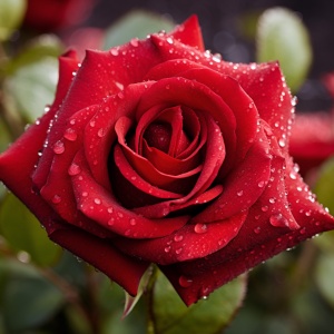 Red Blooming Roses: Close-Up of Romantic Rose with Dew Drops