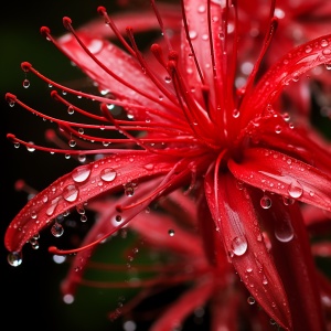 Romantic Close-Up: Dewy Spider Lily in Red Field