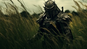 黑暗深草：克苏鲁风格的穿甲剑士在无际草丛中行走