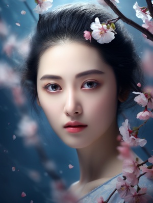 美丽的中国女人，桃花，花藤，蓝色，大师级，超现实主义，脸部特写，面部加强，浅景深，超高清画质，32K，海报-ar 3:4-s 250-v 6.0