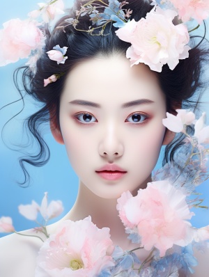 美丽的中国女人，浅粉色浅蓝色浅黄色花卉组合，花藤，蓝色，大师级，超现实主义，超近特写，脸部特写，面部加强，浅景深，超高清画质，32K，海报-ar 3:4-s 250-v 6.0